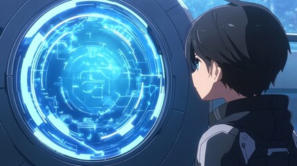 Poster - Anime Boy Observing Futuristic Blue Interface Technology