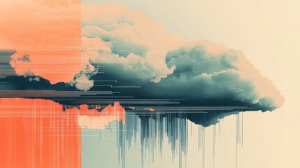 Poster - Minimalist graphic of a digital cloud with data streams, symbolizing cloud computing, remote storage, and digital information management. Illustration, Image, , Minimalism,