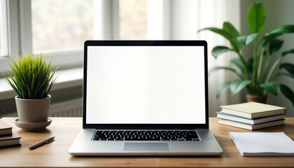Aufkleber - Empty laptop on wooden desk. Modern workspace with blank screen. Plants, books on desk. Stylish, minimalist interior. Ideal for templates, mockups, tech products. Versatile photo for websites,