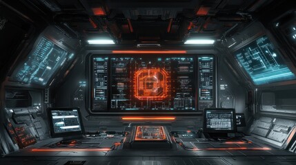 Poster - Futuristic Spaceship Bridge Control Room Displaying Data