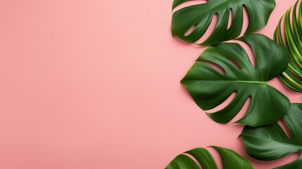 Wall Mural - Lush green Monstera leaves create a vibrant summer vibe against a soft pink backdrop, perfect for a tropical feel.