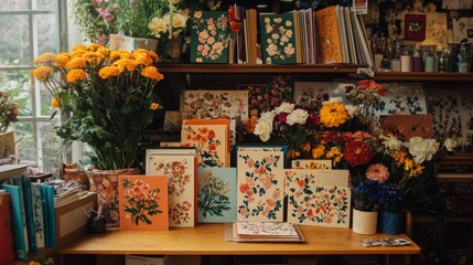 Poster - Floral Artwork and Botanical Prints Displayed on a Table