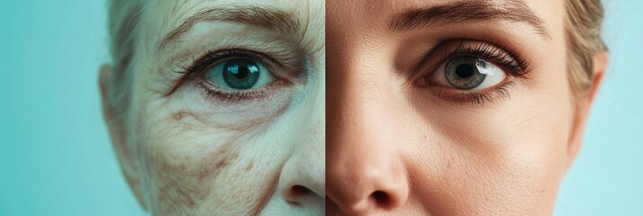 Poster - Two contrasting faces showcase the effects of aging and youthfulness in a dramatic side by side comparison. Generative AI