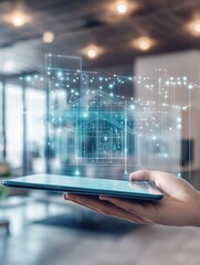 Poster - Close up of hand holding tablet with abstract digital smart home hologram on blurry living room interior background. Technology and innovation concept