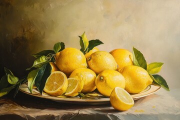 Poster - A Still Life Painting of Lemons and Leaves