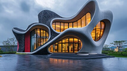 Poster - Modern Organic Architecture House Design Illuminated at Dusk