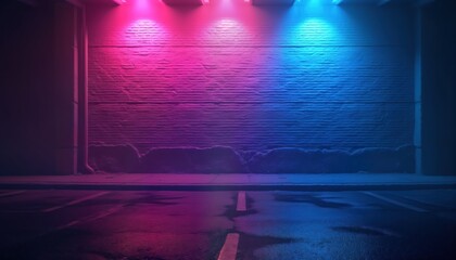 Aufkleber - Empty urban scene at night. Neon lights illuminate brick wall, casting vibrant pink, blue hues on wet asphalt street. Copy space for creative design. Ideal for fashion music themed posters, website