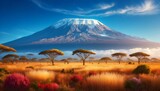 Mount kilimanjaro dominating the african savanna at sunset