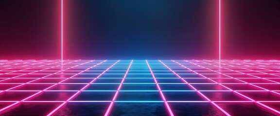 Leinwandbilder - Neon grid pattern design in vibrant pink, blue. Retro 80s style with glowing lines. Dark background creates futuristic look. Abstract geometric pattern. Cool, bright colors. Digital art for wallpaper