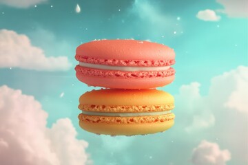 Wall Mural - Two Colorful Macarons Float Amongst Clouds