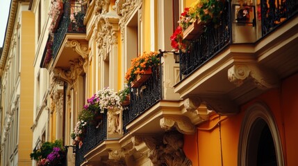 Poster - Ornate Building Facade Adorned With Flower Filled Balconies