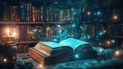 Poster - Ancient Book Glowing With Magical Light In Library