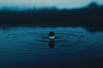 Aufkleber - Rippling water surface with a lone droplet creating concentric circles at twilight near a serene lake. Generative AI