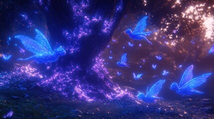 Poster - Luminous Butterflies Surround Ancient Tree At Dusk