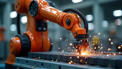 Fototapete - Orange industrial robot arm operates automatically on conveyor belt. Sparks fly as robot arm works with metal parts. Futuristic automated manufacturing scene in smart factory. Advanced technology, AI
