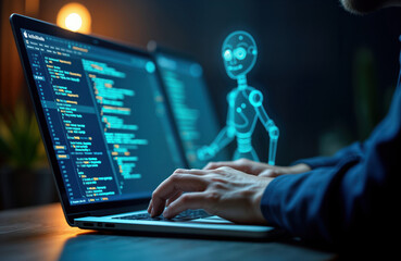 Fototapete - Person working on laptop. Coding artificial intelligence chat AI robots. Research for video content. Write reports, scripts. Develop communication technology. Future tech innovation. Virtual