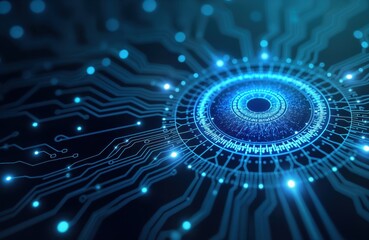 Aufkleber - Futuristic tech concept shows cybernetic eye, tech background. Eye looks like part of electronic circuit. Blue glowing lines suggest connection. Cyber security, future tech visible. Abstract design