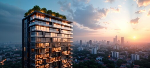 Aufkleber - Modern high-rise residential building with glass exterior, rooftop amenities. City view at sunset. Urban skyline with many high-rise buildings. Stylish apartment complex. Cityscape view from tall