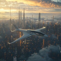 Aufkleber - Futuristic airplane soaring over a stunning sci fi cityscape at sunset with sleek design and glowing skyscrapers. Generative AI