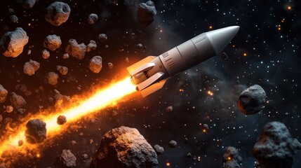 Poster - Rocket Launches Through Asteroid Field In Space