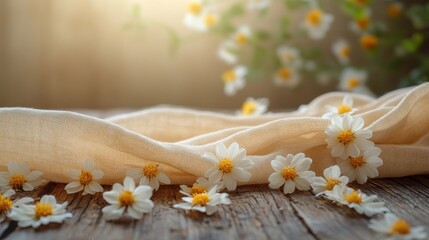 Canvas Print - Daisies, fabric, wood, sunlight, background, spring, product display