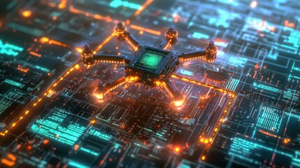 Poster - Futuristic Drone Hovering Above A Digital Circuit Board