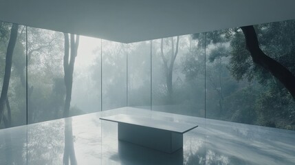 Poster - Minimalist Room Overlooking Foggy Forest Landscape