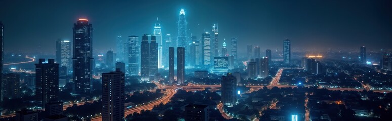 Aufkleber - Modern city at night. Skyscrapers illuminated with futuristic glowing blue light. Highways, roads filled with moving vehicles. Urban tech hub at night. Futuristic city landscape. Wireless network