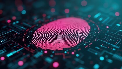 Fototapete - Modern biometric fingerprint verification system. Fingerprint pattern displayed on digital circuit board. Advanced security tech concept for digital data protection. Illustrative tech for cyber