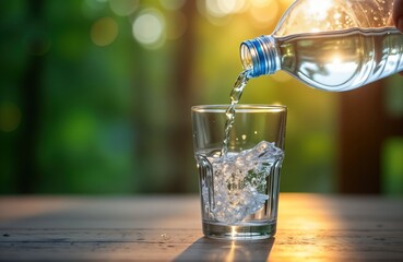 Poster - Water pours from plastic bottle into glass with ice. Sunlight shines on wooden table. Outdoor setting with blurred green garden background. Refreshing drink in summer environment. Cool beverage. Pure