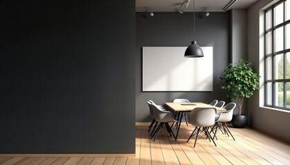 Poster - Modern office space interior shows conference room with blank black partition. Conference table with light gray chairs sits in center. Wooden floor, dark walls complete minimalist design. Natural