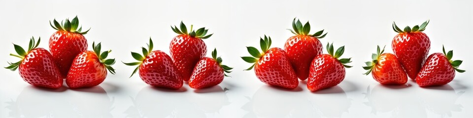 Wall Mural - Fresh ripe strawberries displayed against white background. Bright red berries clustered, arranged in groups. Natural, healthy fruit. Summertime fruit. Freshness, ripeness highlighted by photo.