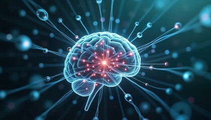 Poster - Illustrative design of active brain with glowing synapses, neurotransmitters. Intricate patterns show neural connections. Visualizes complex communication in brain. Dark background with light blue
