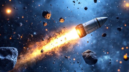 Poster - Spaceship Navigating Asteroid Field Through Fiery Propulsion
