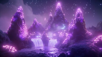 Poster - Glowing Purple Mountains Waterfall Fantasy Landscape