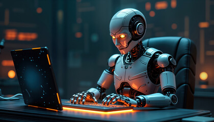 Fototapete - Robot engineer works on computer. Futuristic robot sits at modern desk, types on glowing keyboard. Cybernetic automation concept. Artificial intelligence at work. Modern tech workplace. Future of