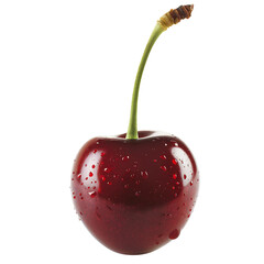 Wall Mural - A glossy red cherry with a single green stem, isolated on a white background.