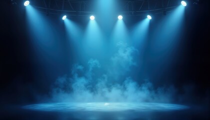 Aufkleber - Blue spotlight illuminates empty stage. Smoke effect fills space. Dark background. Modern stage lighting design. Suitable for performances. Conceptual photo for events, shows. Excellent presentation