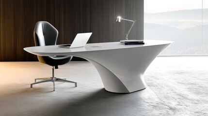 Poster - Modern White Desk With Black Leather Chair And Laptop