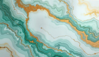 Poster - Abstract marbled background with turquoise green, white marble texture. Gold veins create elegant flow patterns. Modern design with liquid paint effect. Suitable for wallpaper, cover, invitation,