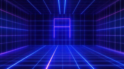 Poster - Neon Grid Room With Glowing Lines And Shape