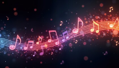 Fototapete - Abstract glowing musical notes flow on dark background. Colorful music notes. Vibrant lines. Design for music, event posters, website. Modern vibrant art. Stylish tech illustration. Visual appeal.