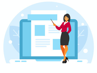 Poster - Female teacher in glasses stands with a pointer. Blog articles creation. Blog page on laptop display. Vector graphics