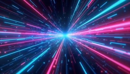 Leinwandbilder - Dynamic abstract illustration of fast-moving neon light beams. Bright blue, pink laser lines streak across dark background. Futuristic energy bursts in vibrant color palette. Digital, high speed tech