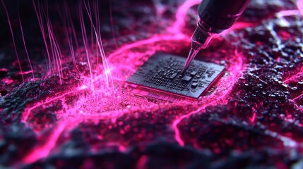 Poster - Microchip Installation Glowing Pink Energy Streams