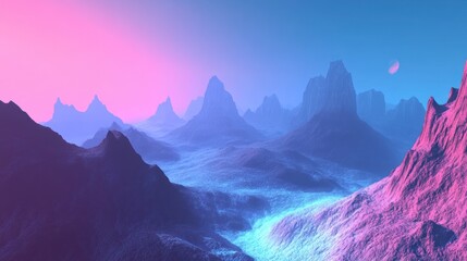 Poster - Surreal Pink and Blue Mountain Range Landscape