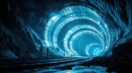 Wall Mural - Futuristic underground tunnel illuminated by blue lights with silhouettes of workers in the distance