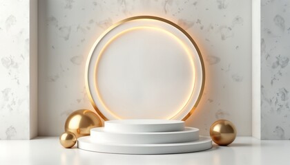 Aufkleber - Empty white podium with gold accents. Minimalist luxury design. Modern display platform for product presentation. White concrete wall background. Golden spheres add visual interest. Ideal for