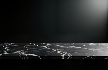 Poster - Empty black marble countertop against dark wall. Modern minimalist design. Great for product displays. Interior kitchen style. Stylish black, white marble surface. Studio lighting creates clean