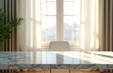 Poster - Empty marble countertop in front of window with white curtains. Sunlight casts shadows on surface. Home interior design with view of landscape. Suitable for product placement, design. Stylish, modern